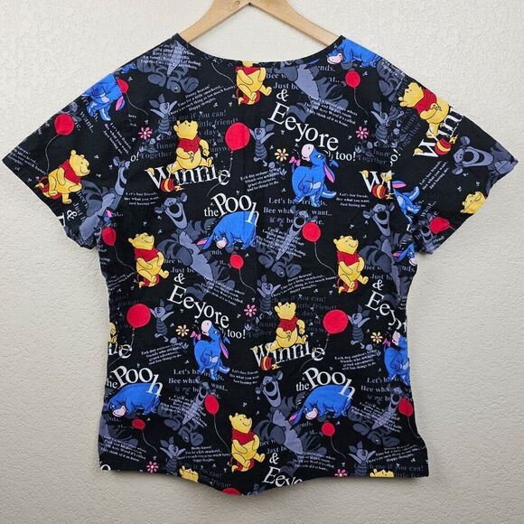 Disney Women's Large Winnie the Pooh Eeyore Black 3 Pocket Scrub Top Colorful - Picture 10 of 10